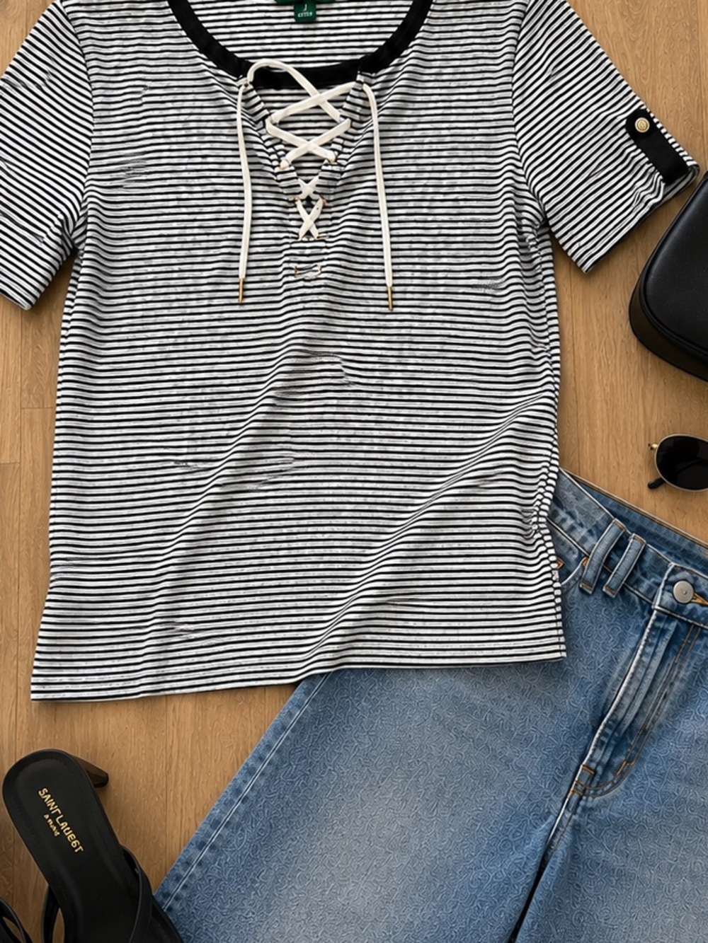 Lauren Ralph Lauren Black & White Striped Lace-Up Short Sleeve Tee